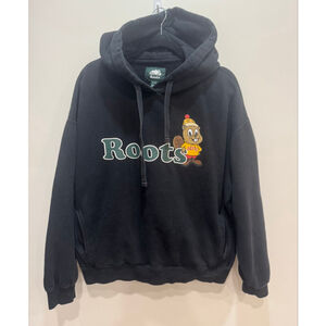 Roots Black XL Mens Pullover Hoodie Cartoon Beaver Y2K Kangaroo Pocket